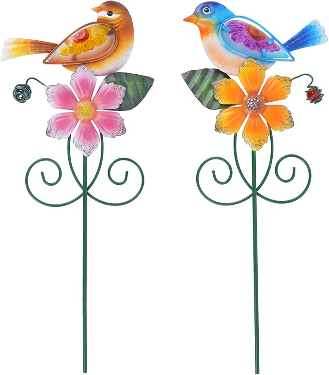Topadorn Floral Garden Stake Outdoor Plant Pick Water Proof Metal Flower Stick for Lawn Yard Patio,Pathway Ornament,Set of 2,Flower and Bird