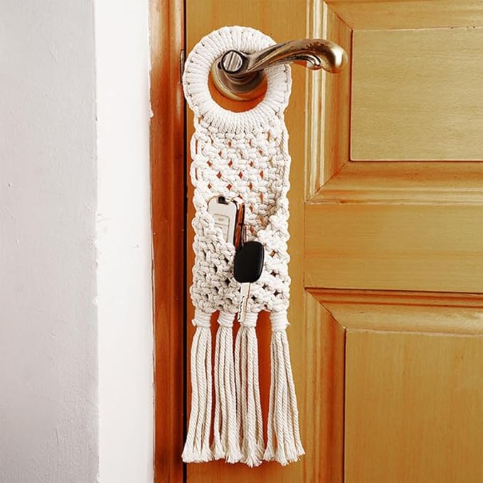 Cabilock Macrame Hanging Wall Organizer - Small Boho Woven Storage Pouch for Keys, Phone & Mail - Decorative Cotton Tassel Tapestry for Dorm Room, Bedside & Narrow Spaces