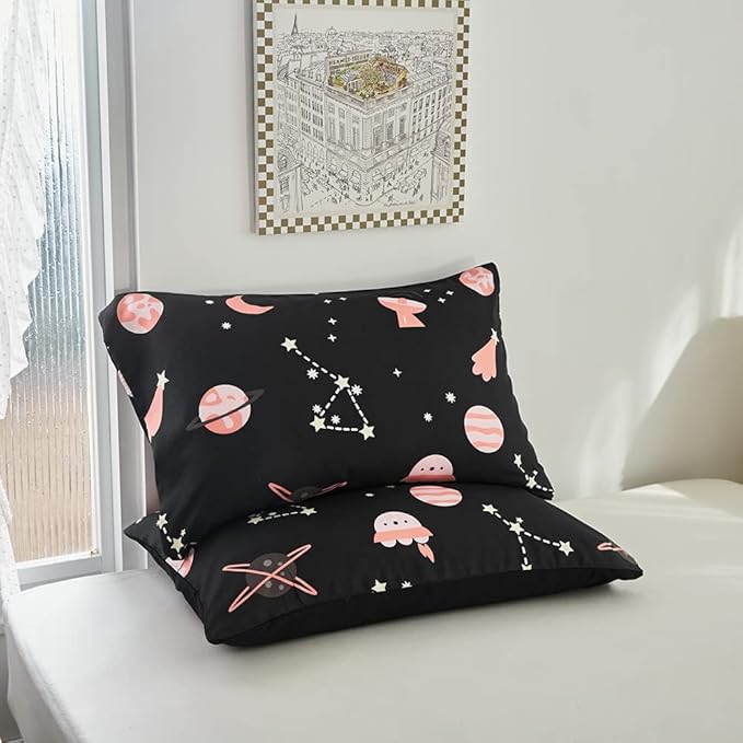 Kids Outer Space Galaxy Sheet Set Queen Girls Universe Planet Printed Bedding Set Super Soft Moon Starry Sky Bed Sheet Set Stars Constellation Sheets with Deep Pocket Fitted Sheet Pink Black