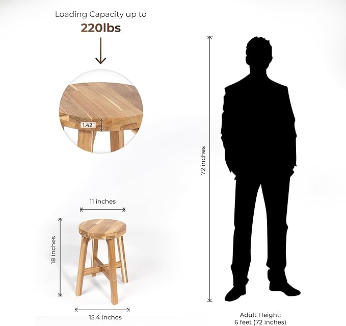 ARROWSTONE Round Stool Acacia Wood, 18" Height, 11'' Round Top, Backless, Easy Assembly, Natural Wax Finish, Wooden Stool for Plant, Dining Room, Kitchen Counter, Makeup
