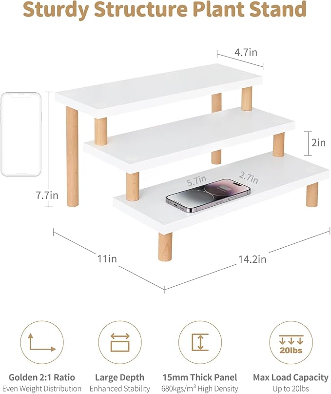 3 Tiered White Small Plant Stand Indoor, Window Sill Plant Shlef for Kitchen,Countertop,Office Desk,Table Top Succulent Stand , 15mm Thick Wooden, Ladder Shelf,Modern,(14.2")