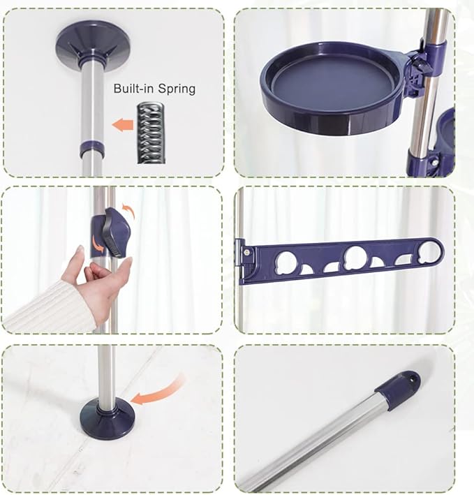 BAOYOUNI Indoor Tension Plant Pole Stands Double Rods Flower Pots Storage Shelf Floor to Ceiling Display Rack Hanger with 12 Trays, 2 Hooks & 1 Telescopic Rod for Clothes Drying, Navy Blue