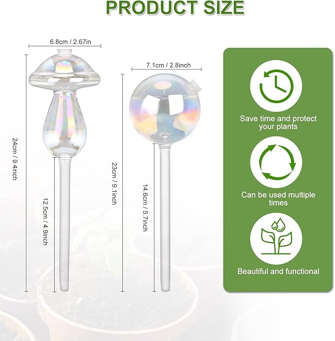 Plant Watering Globes 2PCS Glass Self Watering Planter Insert Device for Indoor Outdoor Plants Rainbow Color Laser Mushroom und Bulb with Hole 5oz 150ml Capacity Automatic Watering for 1 Week