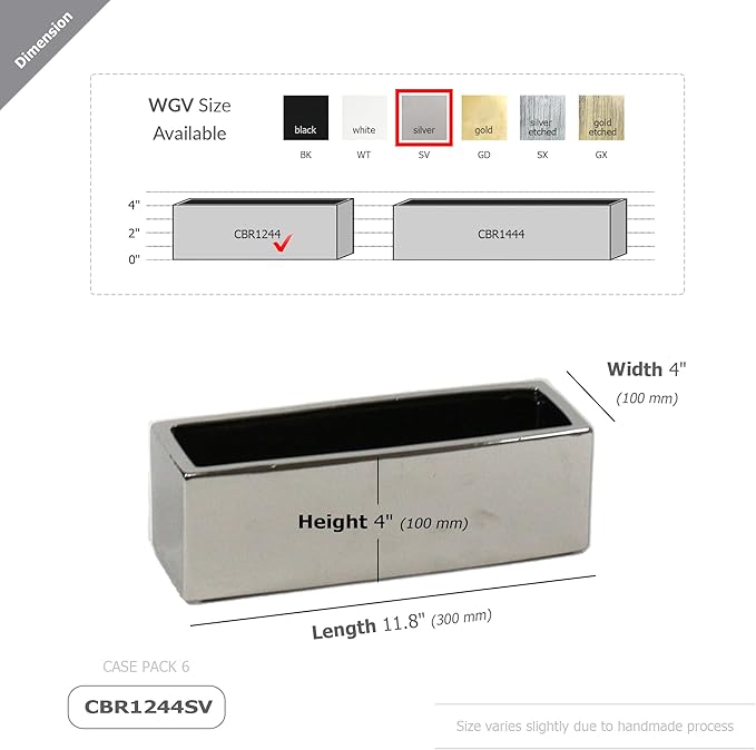 WGVI Long Rectangle Ceramic Planter Vase in Silver 12" x 4" x 4"H, Block Rectangular Terrarium Box Pot, Flower Arrangement, Table top Centerpiece, Home Decor Organization Storage Container, 1 Pc.