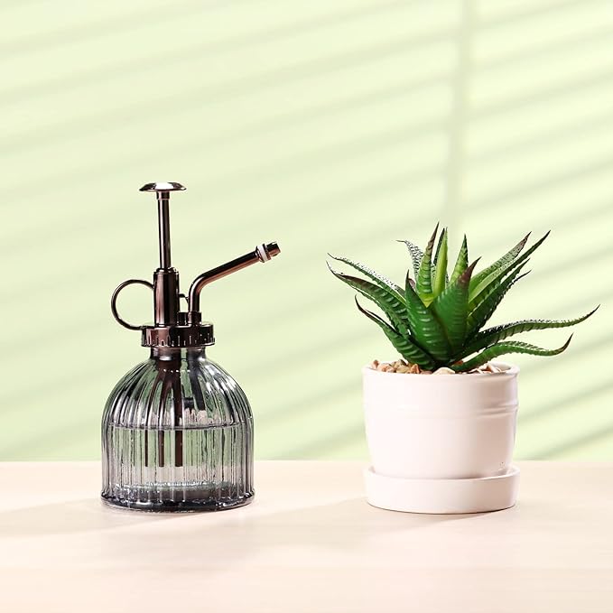 Glass Plant Mister, 6.5" Green Glass Water Spray Bottle with Gold Top Pump, Small Plant Sprayer for Indoor Outdoor Houseplants