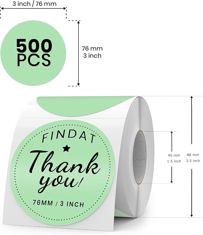 Green Round Thermal Labels 3 Inch Vinyl Circle Waterproof Direct Printer Sticker Self-Adhesive Perforated Name Tag for Logo DIY QR Design Office Address 500 PCS