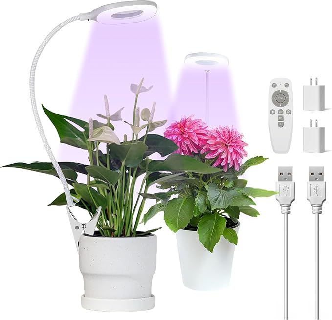 Grow Lights for Indoor Plants, Clip-on Full Spectrum Grow Lamp, Red Blue White Plant Light with 4/8/12H Timer, 10 Level Dimmable for Small Plants Succulents Seedlings, 2 Packs