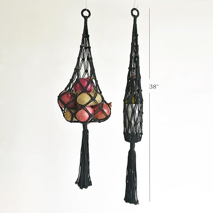 2 Packs Hanging Fruit Basket - Bohemian macrame handmade Basket for Potato/Onion/Fruit/patato, Boho Wall Hanging Decor for Kitchen Macrame Wall Hanging Basket (Black)