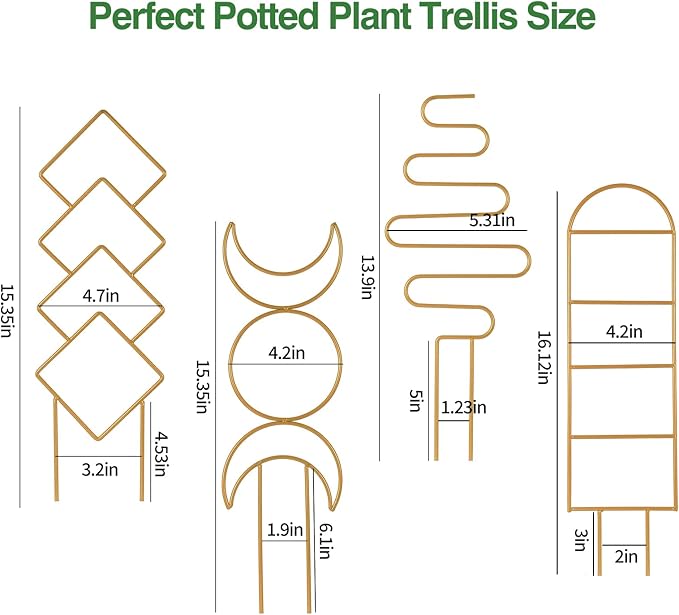 Wellsign Indoor Plant Trellis for Potted Plants, 16inch Gold Small Trellis for Climbing Plants Outdoor Garden Metal Trellis with Different Patterns for Vine Ivy Flower Plant Support 4 Pack