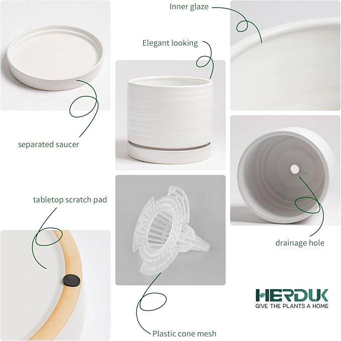 HERDUK 6 Inch Plant Pots, Ceramic Planter Pot with Drainage Hole & Saucer, Indoor/Outdoor Cylinder Round Planter Pot, Matte White