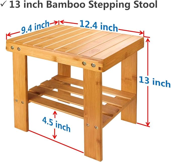 ASelected Bamboo Shower Stool Small 13 Inch Wood Shower Bench Waterproof Wooden Foot Stool with Storage Shelf for Small Spaces Bathroom Bedside Inside Shower Entryway Shoe Spa Bench