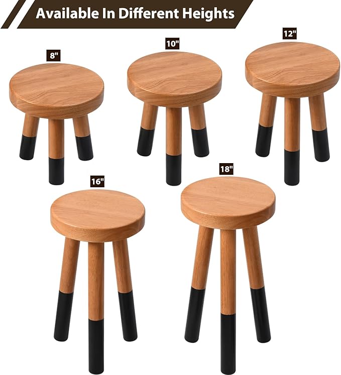 Rubber Wood 9" Round Plant Stand |Dip Dyed Black Stool, Wood Riser |Milking Stool (12" H)