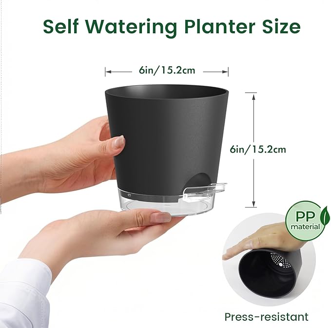 Meowell 6 inch Self Watering Pots for Indoor Outdoor Plants, 3 Pack Flower Plant Pots with Drainage Holes and Clear Reservoirs, Visible Water Level, Plastic Planters with Wicking Rope, Black