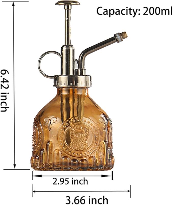 Plant Mister Glass Spray Bottle Small Plant Watering Can 6.4" Tall Retro Indoor Watering Can Bronze Plastic Top Pump for Garden Indoor Plant Sprayer (Brown)