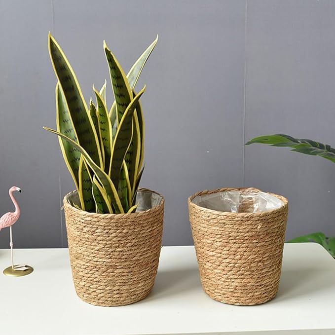 Beavorty Vintage Decor Seagrass Planter Hand Woven Straw Flower Pot Farmhouse Plant Basket with Plastic Liners Rustic Plant Containers Succulent Pot for Indoor Outdoor Room Decor Home Decor