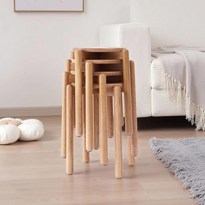 Oak Stackable Stool Set of 4, Small Plant Stand, Round Wooden Stool for Dining Room, Living Room, Entryway, Classroom, School, 15.4" x 15.4" x 16.7”, Natural