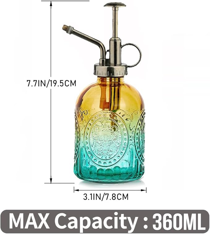 35 oz/1000 ml Metal Indoor Small Watering Can with Long Spout for House Plants Decorative, 12 oz/360 ml Glass Plant Mister Spray Bottle for Bonsai Garden Flowers(Green)