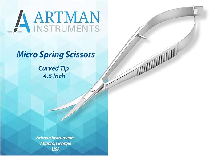 ARTMAN INSTRUMENTS Micro Scissors 4.5” Curved – Spring Action Precision Squeeze Scissors for Embroidery, Sewing, Crafts, Eyebrow Trimming & Stitch Cutting