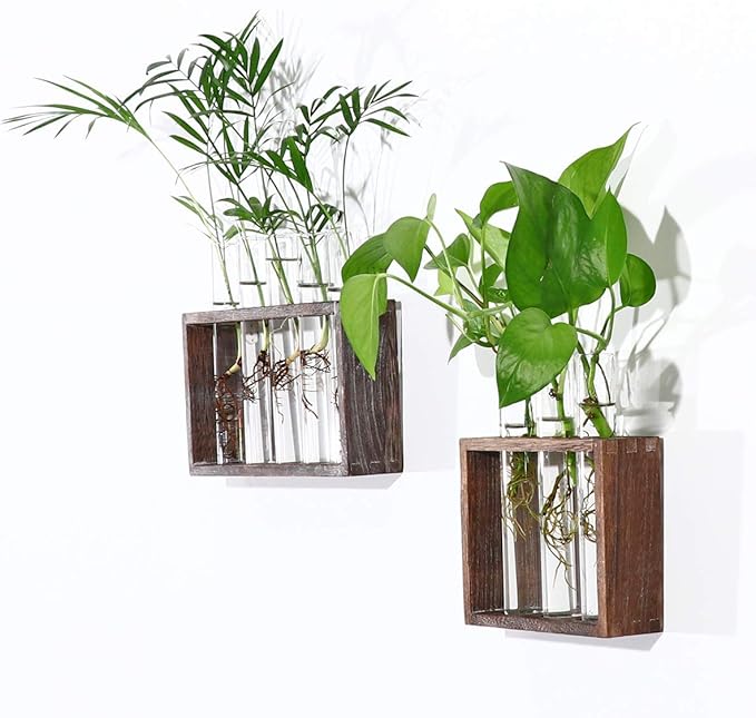Kingbuy Wall Propagation Station with 5 Test Tube Vases - Vintage Wood Stand Wall Hanging Planter for Plants, Tabletop Terrarium Windowsill Decor Kitchen Herb Garden Accessory, Brown