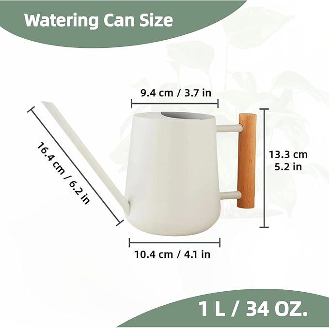 Indoor Watering Can with Long Spout, 34oz Capacity, White Metal with Wood Handle (White-Z1)