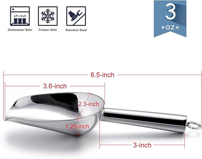 E-far Mini Ice Scoop Set of 2, 3 Ounce Stainless Steel Scoops for Ice Cube/Candy/Flour/Sugar, Metal Utility Scoops for Canisters, Baking, Kitchen Pantry, Rust Proof & Dishwasher Safe