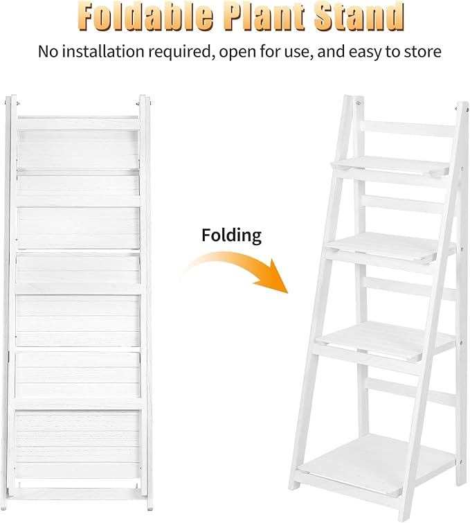 Funkeen Foldable Ladder Shelf Wood Multi Tier Plant Stand Tall Flower Pot Display Outdoor Plant Ladder Plant Holders Indoor Stand Corner Storage Bookshelf for Home Office Balcony Patio Garden White