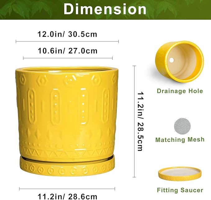 Eightpot Ceramic Flower Pots, 12 Inch Plant Pot with Drainage Holes and Saucers, Round Pots for Plants for Indoor Outdoor, Boho Decorative Planter, Garden House Decor, Gifts for Women, Yellow