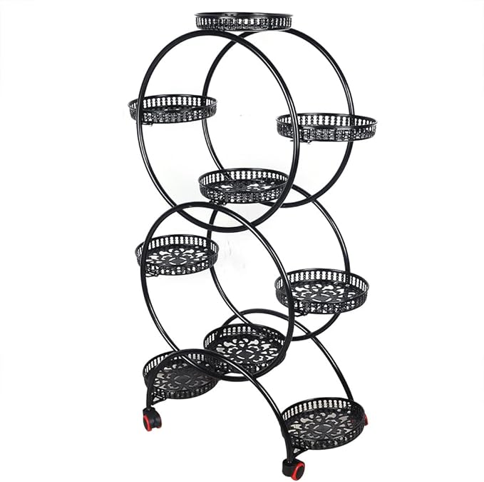 6 Tier Metal Plant Stand Indoor/Outdoor Multiple Flower Pot Holder Shelf with 9 Round Trays, Flower Pot Stand Plant Rack for Patio Living Room Corner Balcony, Black