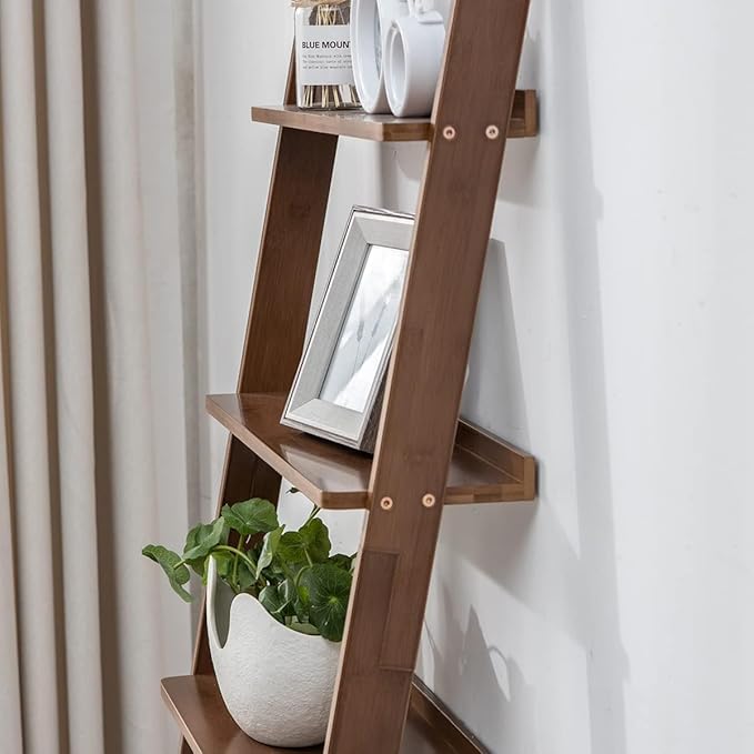 Maydear Bamboo Ladder Shelf Bookcase, 4-Tier Leaning Bookshelf Free Standing Organizer Storage Shelves for Living Room, Bedroom, Kitchen, Home Office, Balcony (Dark Walnut)