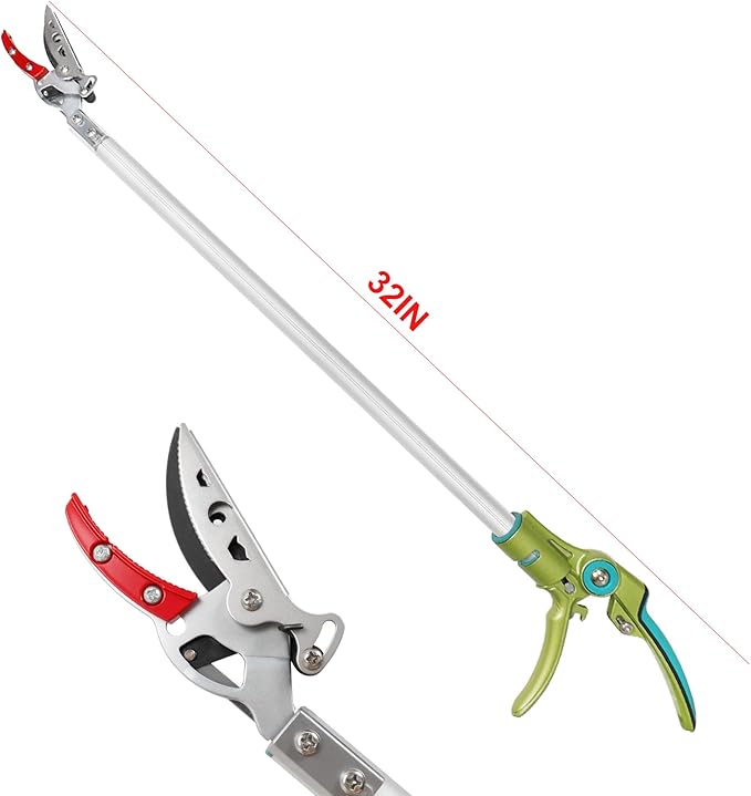 GARTOL 32 Inch Cut and Hold Pole Pruner - Lightweight Long Reach Tree Trimmer with Snip and Grip Technology, 1/2 Inch Cutting Capacity, One-Hand Use Fruit Picker for Roses, Persimmons & Tall Branches
