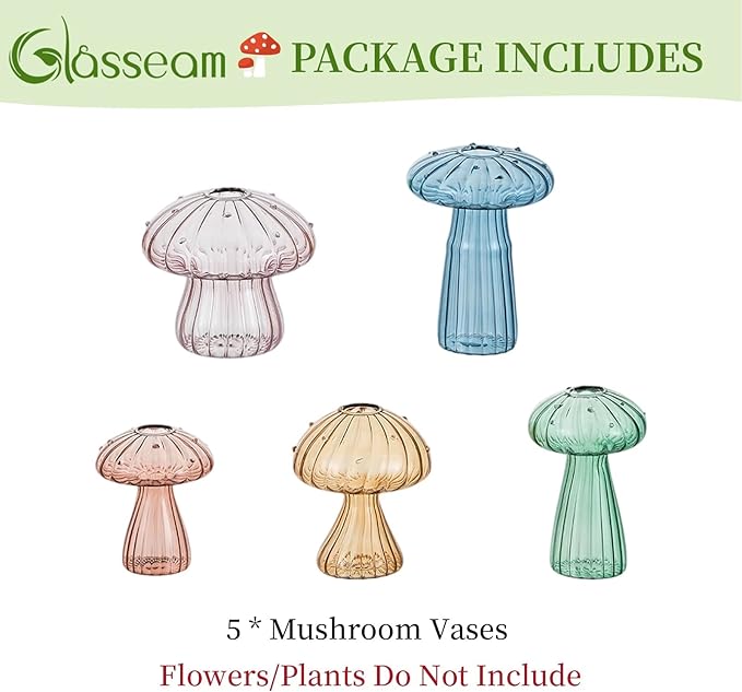 Glasseam Mushroom Propagation Stations for Plants: Colored Hand-Blown Cute Glass Planters for Indoor Plants - 5Pcs Small Hydroponic Terrarium Jars for Home Decor - Gifts for Women Mom Friends