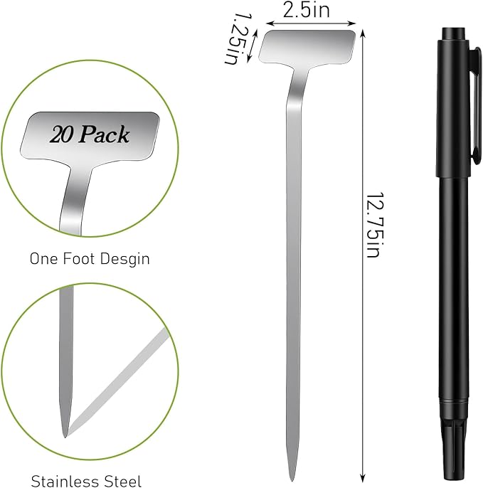 20 Pack Metal Plant Tags, Stainless Steel Waterproof Garden Plant Labels Tall Stake Tags, Height 12.6'', Label Area 2.5'' *1.3'' Reusable Nursery Tags for Outdoor Vegetables Flower Seed(with Pen)
