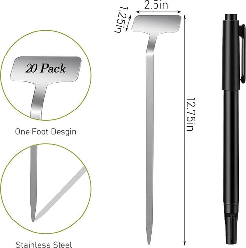 20 Pack Metal Plant Tags, Stainless Steel Waterproof Garden Plant Labels Tall Stake Tags, Height 12.6'', Label Area 2.5'' *1.3'' Reusable Nursery Tags for Outdoor Vegetables Flower Seed(with Pen)