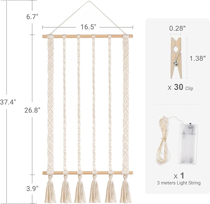 Dahey Macrame Hanging Photo Display Dorm Wall Decor Boho Picture Frames Collage for Picture String with Clips Photo Hanger with Lights Artwork for Teen Girl College Living Room Bedroom Christmas Gift