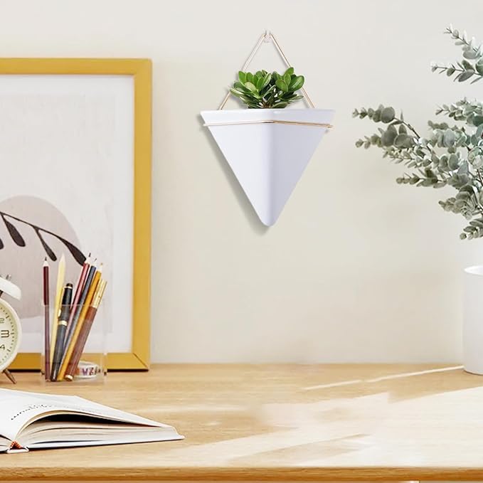 Wall Plant Holder Hanging Planter, 2PCS Geometric Triangle Wall Plant Holder, Ceramic Wall Mounted Plant Holder, for Succulent, Faux Plants, Home, White