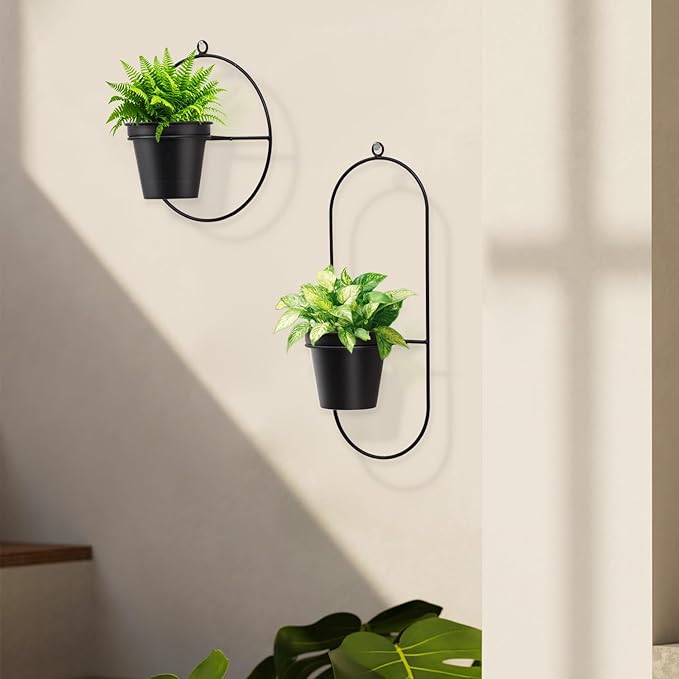 Geometric Wall Planters for Indoor Plants – Set of 2 Black Metal Wall Mounted Plant Holder (Round & Oval Shapes) with 5 Inch Flower Pots, Modern haning planters for Indoor Outdoor Décor