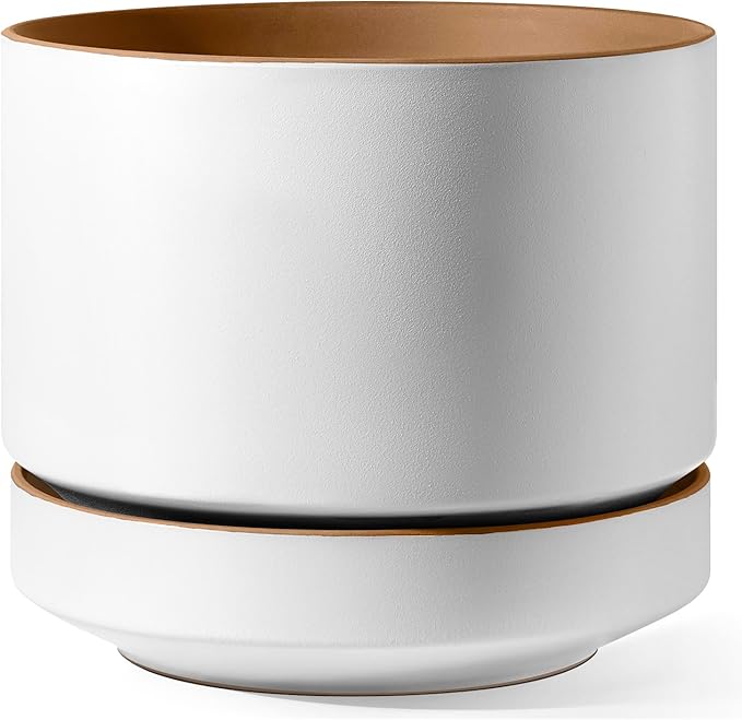 LE TAUCI 14 Inch Large Plant Pot with Saucer, Ceramic Outdoor & Indoor Big Planter with Drainage Hole, Mesh Pad Included, Matte Glazed Outside, Modern for Home and Patio, Alpine White & Ochre