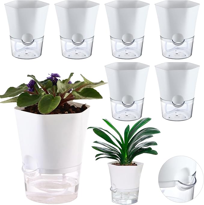 Planterhoma 6-Pack 4.3" Self-Watering Planters, Clear and White, Indoor Use, Hexagonal Plant Pots for Orchids, Herbs, African Violet, Home Decor