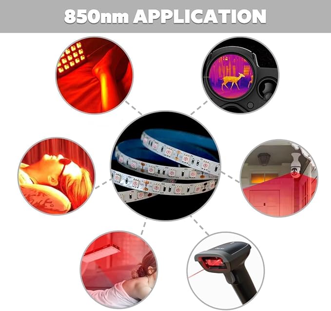 12 Volt 850nm LED Strip Light, 5m/16.4ft 72W IP20 Non-Waterproof Trimmable Flexible Infrared Light Tape for Night Photography and LED Red Light Therapy (850nm, 300 LEDs, 5050 SMD)
