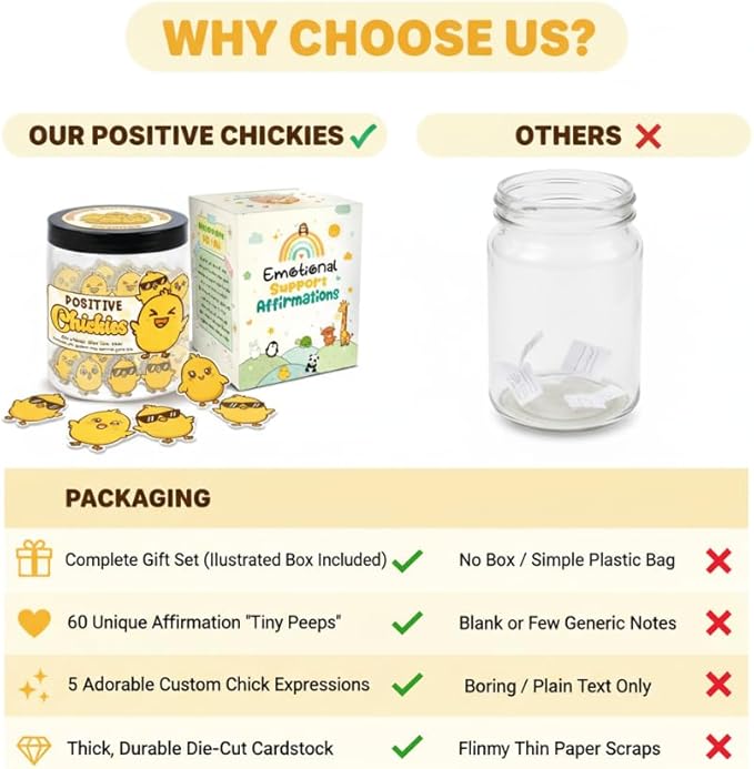 DEARMINE 60 Positive Chick Jar, Affirmation Cards for Women, Teens, Emotional Support Chickies, Chickies Gift, Chicken Gifts for Women, Funny Chicken Lady Stuff Gift
