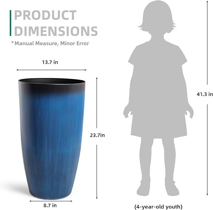Autodaya 23.8" Tall Planters Large Set of 2 Plant Pots Plastic Flower Pots Outdoor Artistic Floating Cobalt Blue Glaze, UV-Protect & Lightweight PP Container for Garden, Patio, Deck, Porch, Indoor