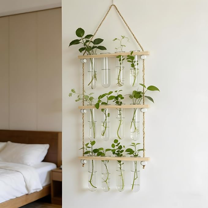 20Tubes Hanging Plant Propagation Station, 4-Tier Wall Mounted Wooden Plant Stand with 3cm Large Shatterproof Plastic Tubes for Pothos Plant Cuttings, Indoor Window Decor & Gifts for Plant Lovers