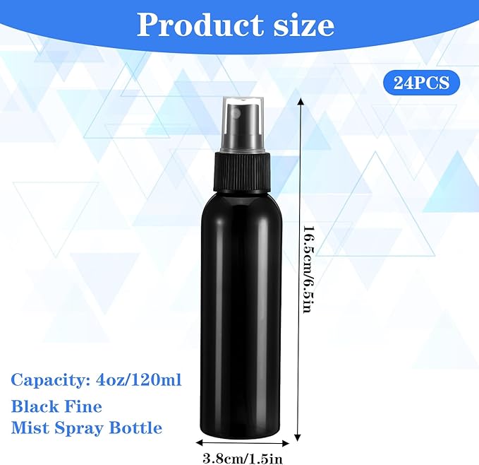 24 Pack Black Empty Spray Bottles, 4oz Plastic Fine Mist Spraying Bottles Small Refillable Sprayer Liquid Containers Portable Misters with Cap Travel Bottle for Perfume, Cleaning, Essential Oil ﻿