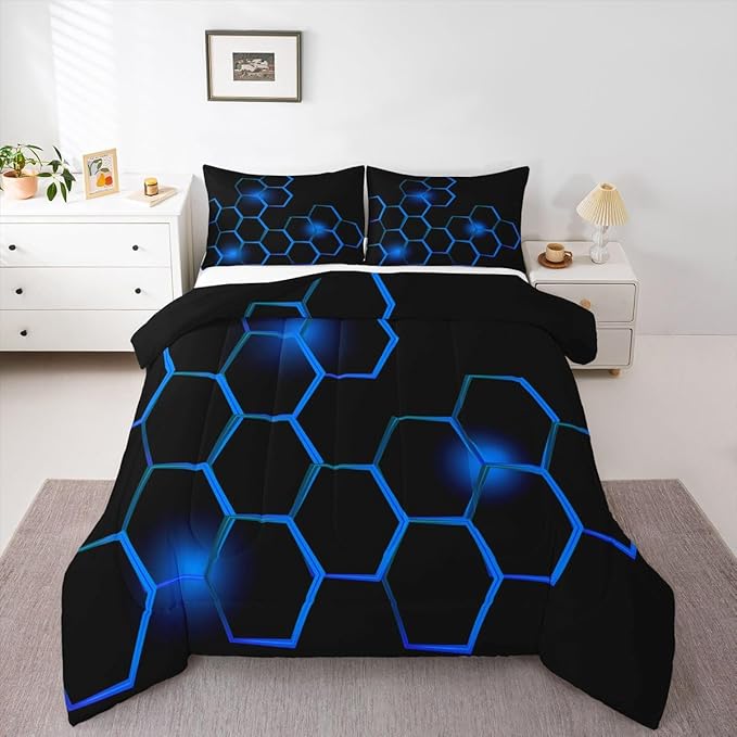 Feelyou Honeycomb Kids Comforter Set ModernHexagon Bedding Set for Boys Children Teens Bedroom Decor Geometrical Comforter Beehive Geometric Black Blue Duvet Set Full Size with 3 Pillow Case