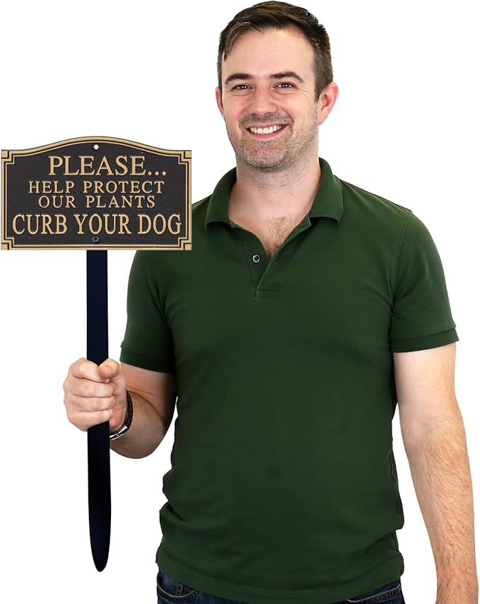 SmartSign 5.75 x 9.5 inch “Please Help Protect Plants - Curb Your Dog” GardenBoss Statement Plaque with 18 inch Lawn Stake, 375 mil Rustproof Aluminum, Black and Gold, Set of 1, Made in USA