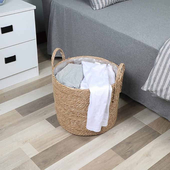 Seagrass Basket Planters Flower Pots with Plastic Liner, Plant Containers Storage Holder Wicker Rattan Vase with Handle