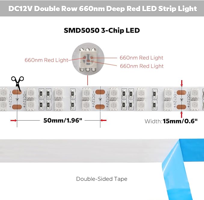 DC 12 Volt Double Row Bright 660nm Infrared LED Strip, 5m/16.4ft SMD5050 15mm IP20 Non-Waterproof Flexible Trimmable IR LED Strip, 660nm Red Light Therapy and Plant Growth