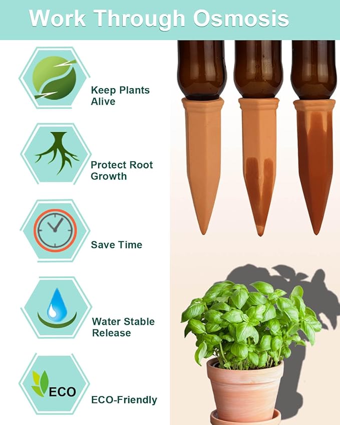 vensovo 10pcs Terracotta Watering Spikes - Automatic Self Watering Stakes, Plant Watering Devices for Wine Bottles Recycled Bottles, Clay Plant Garden Waterers