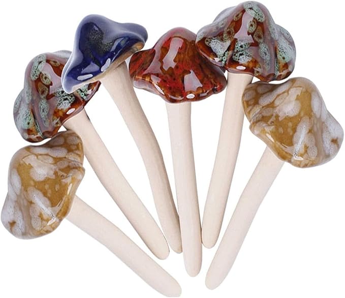 kathson 6 PCS Garden Decor Mushroom - Ceramic Mushrooms for Garden, Yard, Fairy Garden Stakes Lawn Ornament Plants Stakes Accessories Pottery Ornament 4.52" in Height (Random Color)