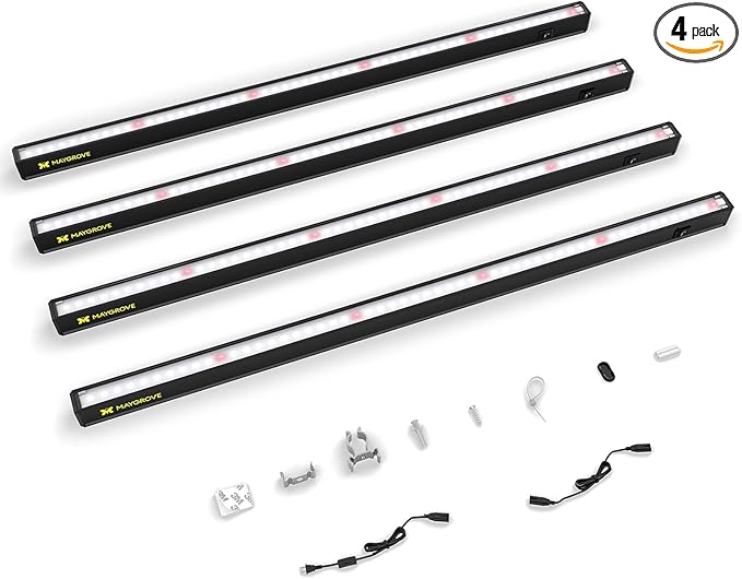 Maygrove T5 Grow Lights for Indoor Plants 2FT, Red-Enhanced Full Spectrum 5000K Grow Light, 60W(4 x 15W), Grow Light Strips for Seed Starting, Greenhouse, High PPFD, Linkable, Black, 4-Pack